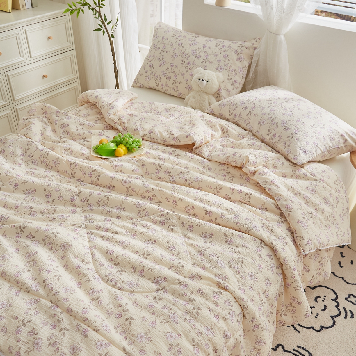 91家纺网 家纺一手货源 找家纺 帕芬鸟家纺 2026春夏新款双层皱皱纱水洗棉大豆夏被夏凉被空调被 花间蜜语