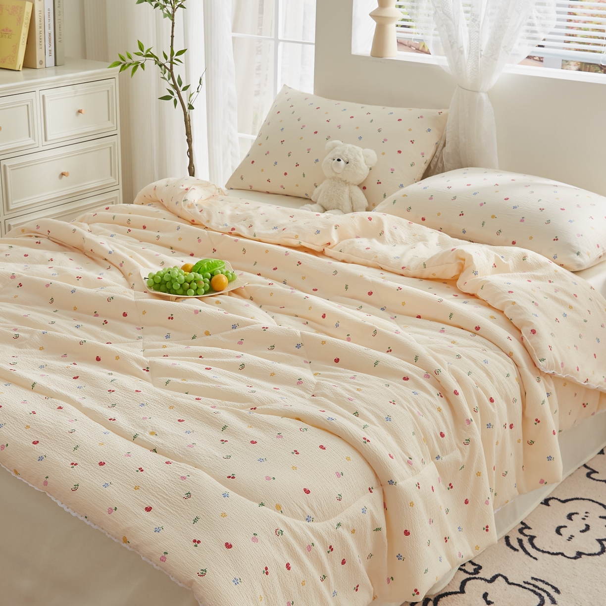 91家纺网 家纺一手货源 找家纺 帕芬鸟家纺 2026春夏新款双层皱皱纱水洗棉大豆夏被夏凉被空调被 莓果森林