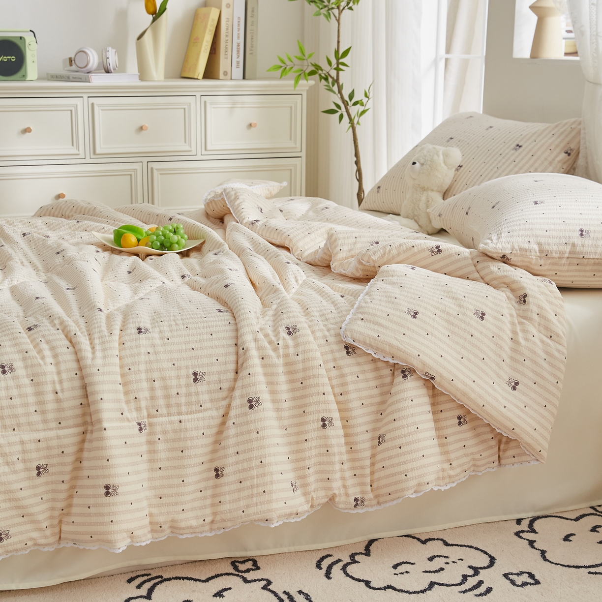 91家纺网 家纺一手货源 找家纺 帕芬鸟家纺 2026春夏新款双层皱皱纱水洗棉大豆夏被夏凉被空调被 爱心樱桃