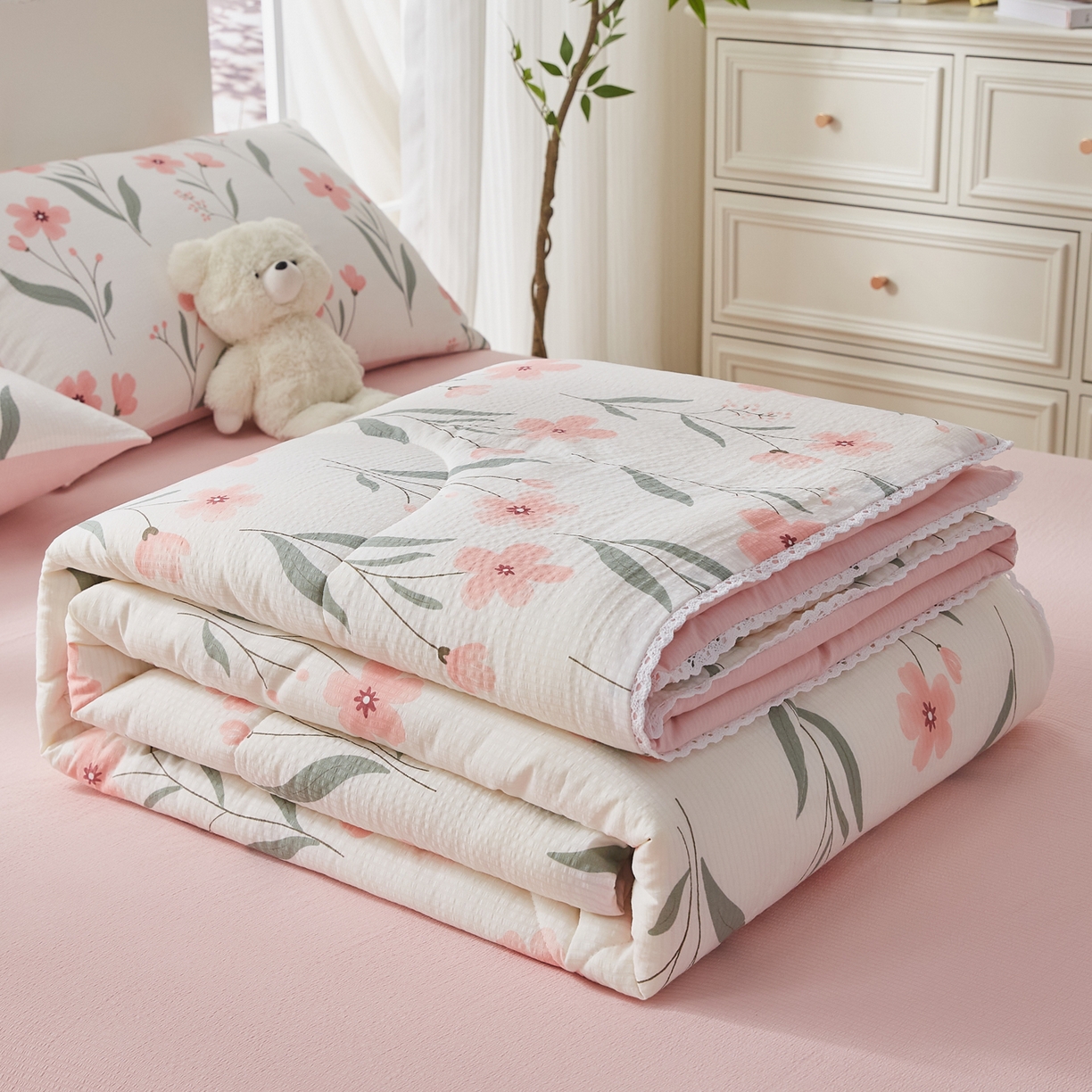 91家纺网 家纺一手货源 找家纺 帕芬鸟家纺 2026春夏新款双层皱皱纱水洗棉大豆夏被夏凉被空调被 小确幸