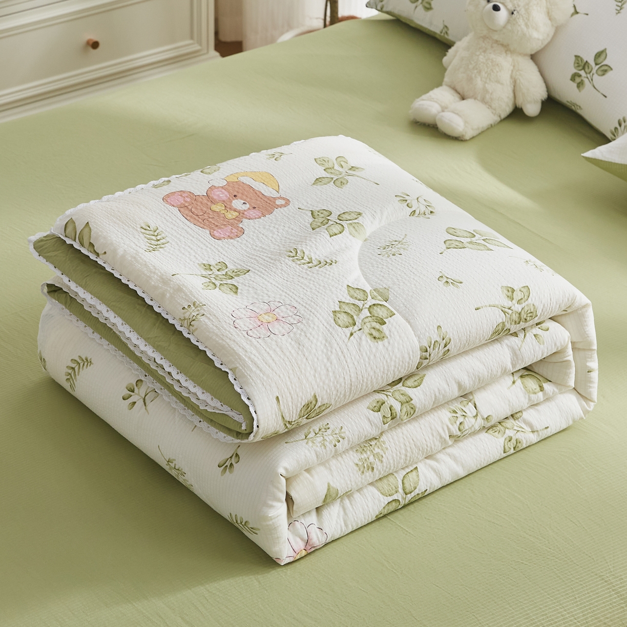 91家纺网 家纺一手货源 找家纺 帕芬鸟家纺 2026春夏新款双层皱皱纱水洗棉大豆夏被夏凉被空调被 晚安熊