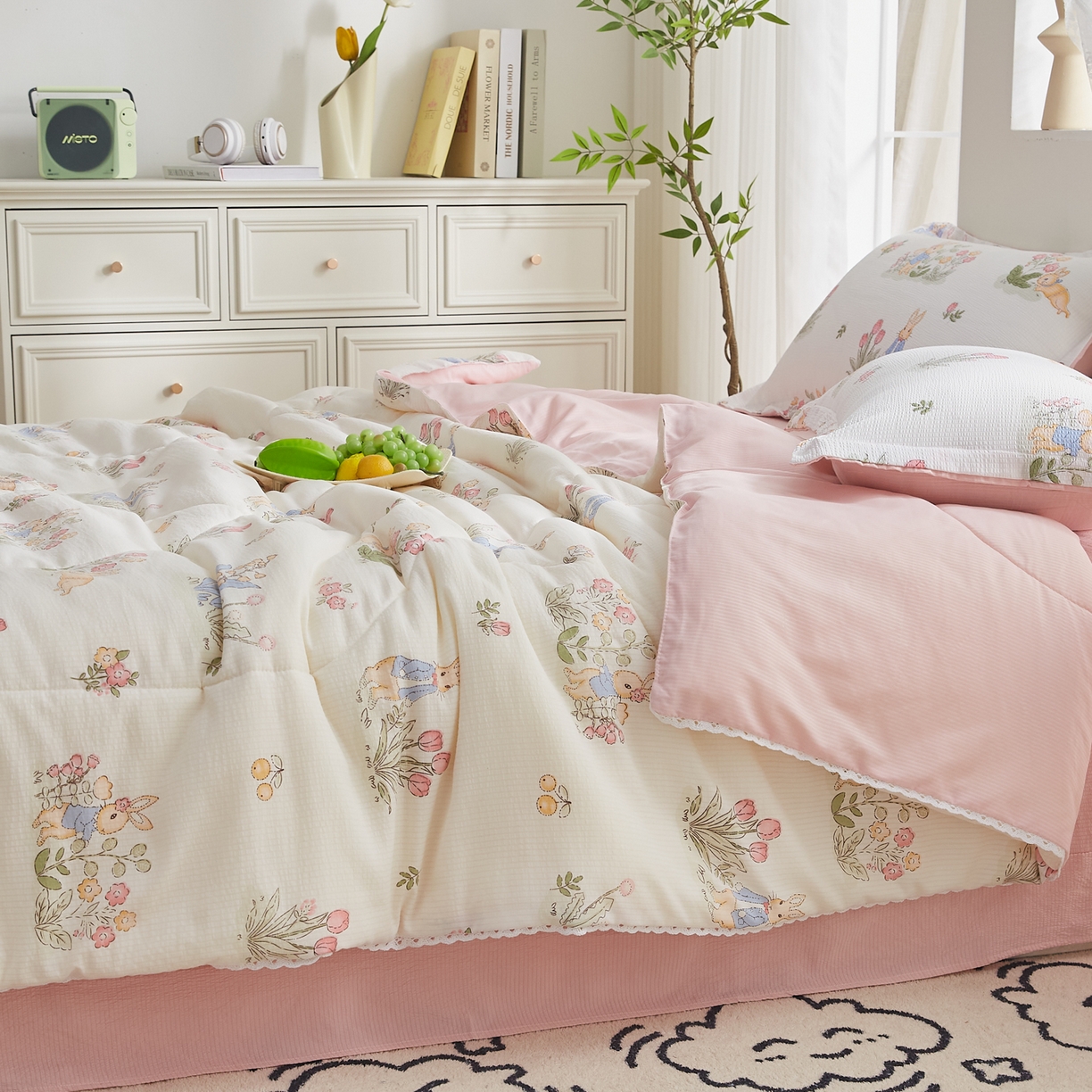 91家纺网 家纺一手货源 找家纺 帕芬鸟家纺 2026春夏新款双层皱皱纱水洗棉大豆夏被夏凉被空调被 森林兔