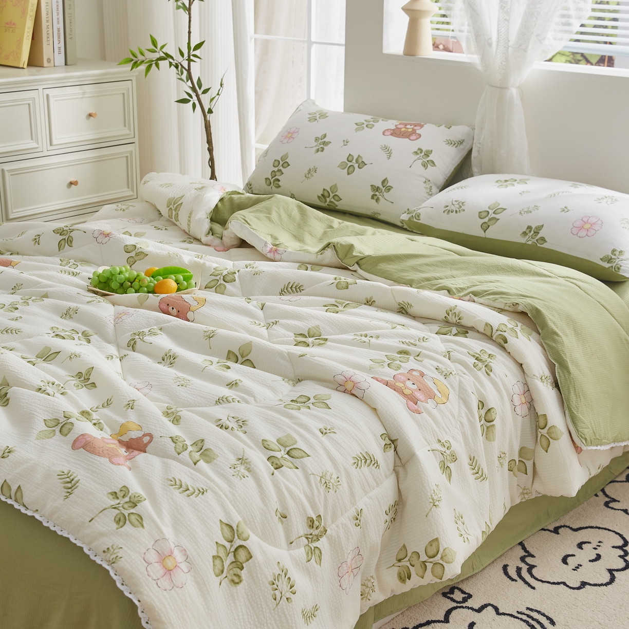 91家纺网 家纺一手货源 找家纺 帕芬鸟家纺 2026春夏新款双层皱皱纱水洗棉大豆夏被夏凉被空调被 晚安熊