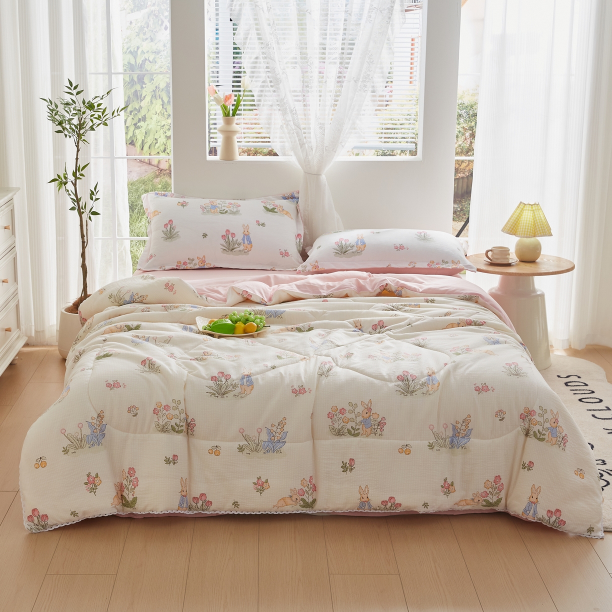 91家纺网 家纺一手货源 找家纺 帕芬鸟家纺 2026春夏新款双层皱皱纱水洗棉大豆夏被夏凉被空调被 森林兔