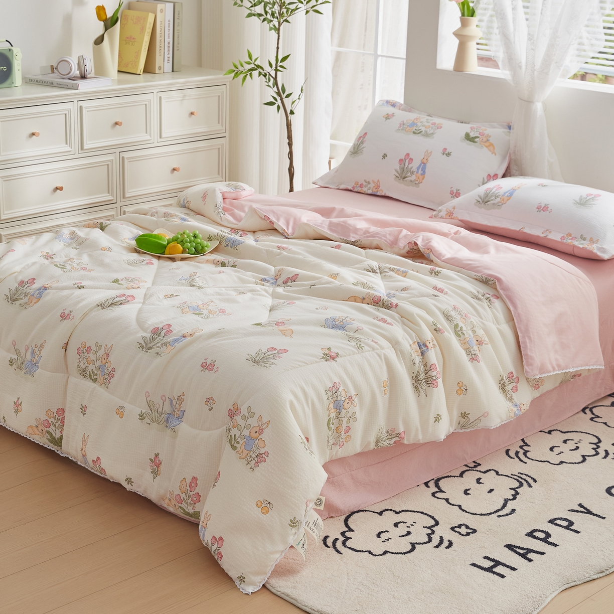 91家纺网 家纺一手货源 找家纺 帕芬鸟家纺 2026春夏新款双层皱皱纱水洗棉大豆夏被夏凉被空调被 森林兔