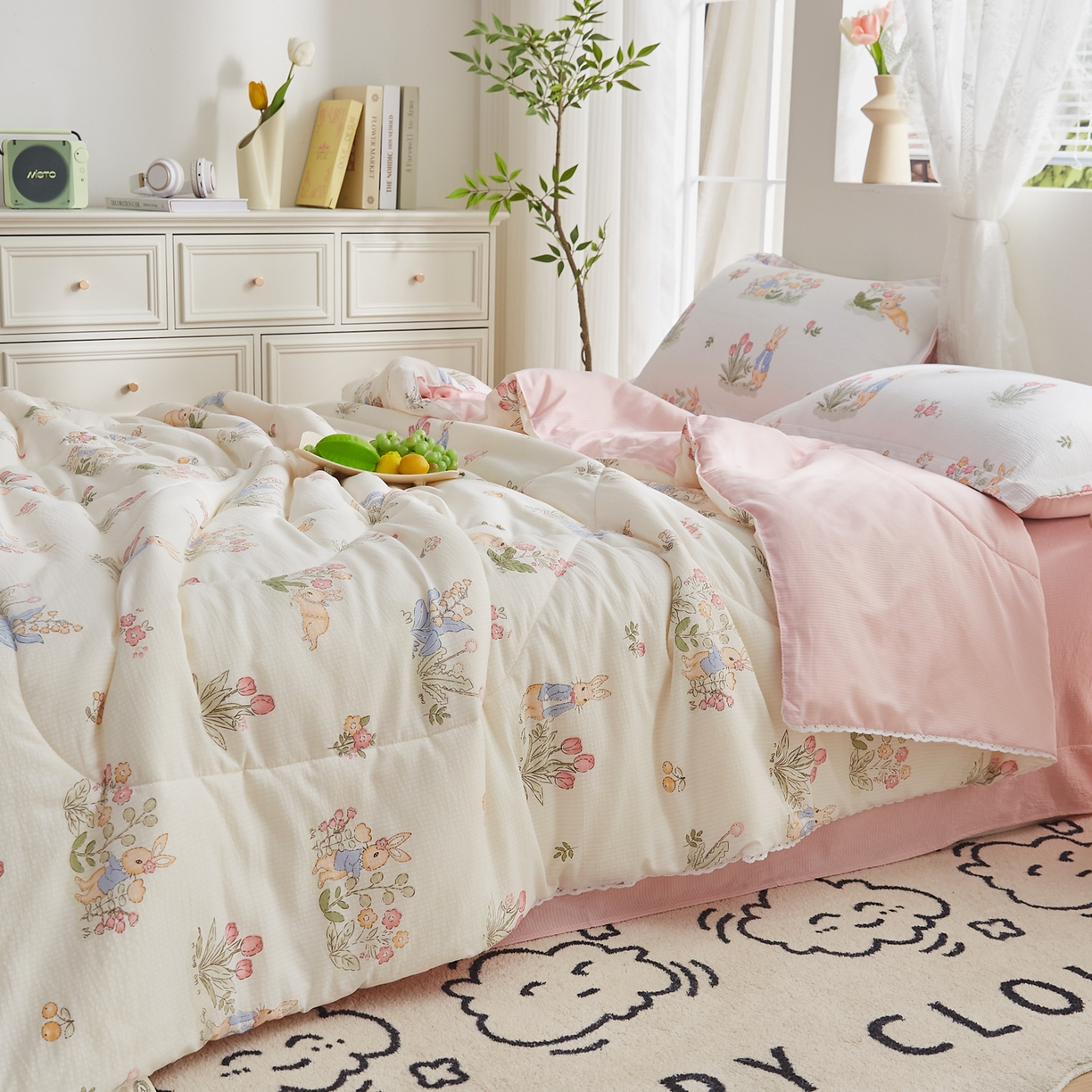 91家纺网 家纺一手货源 找家纺 帕芬鸟家纺 2026春夏新款双层皱皱纱水洗棉大豆夏被夏凉被空调被 森林兔