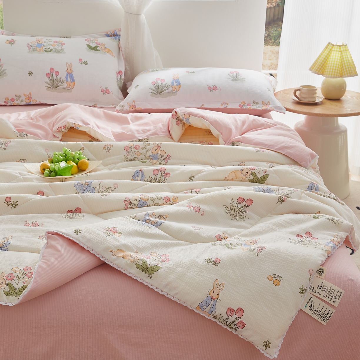 91家纺网 家纺一手货源 找家纺 帕芬鸟家纺 2026春夏新款双层皱皱纱水洗棉大豆夏被夏凉被空调被 森林兔