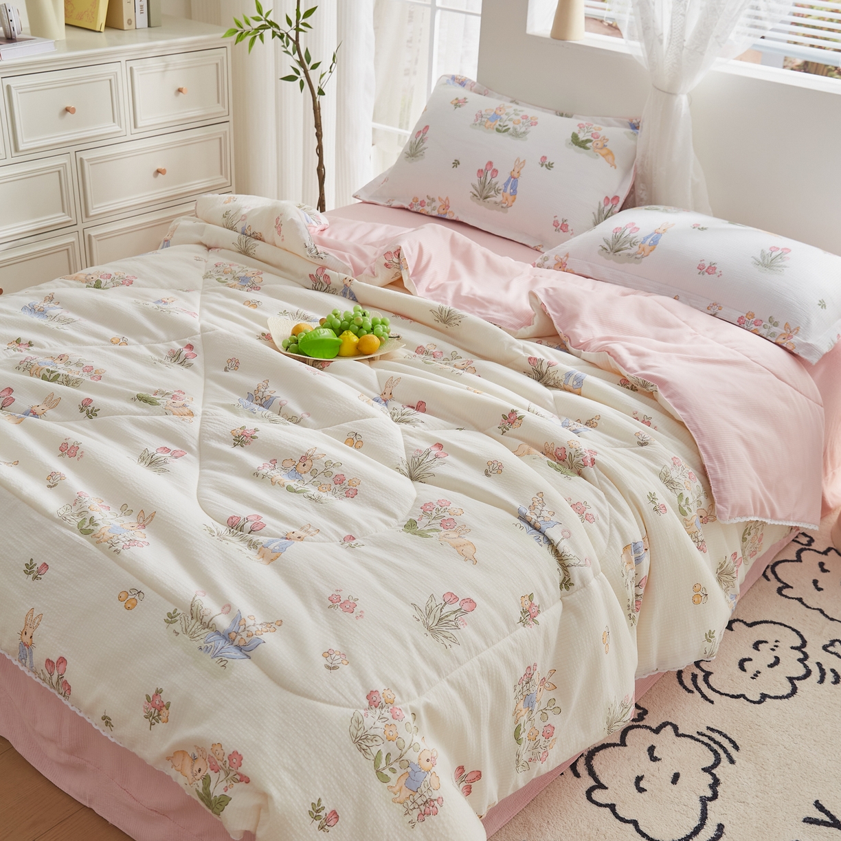 91家纺网 家纺一手货源 找家纺 帕芬鸟家纺 2026春夏新款双层皱皱纱水洗棉大豆夏被夏凉被空调被 森林兔