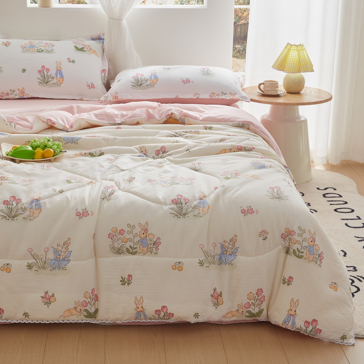 91家纺网 家纺一手货源 找家纺 帕芬鸟家纺 2026春夏新款双层皱皱纱水洗棉大豆夏被夏凉被空调被 森林兔