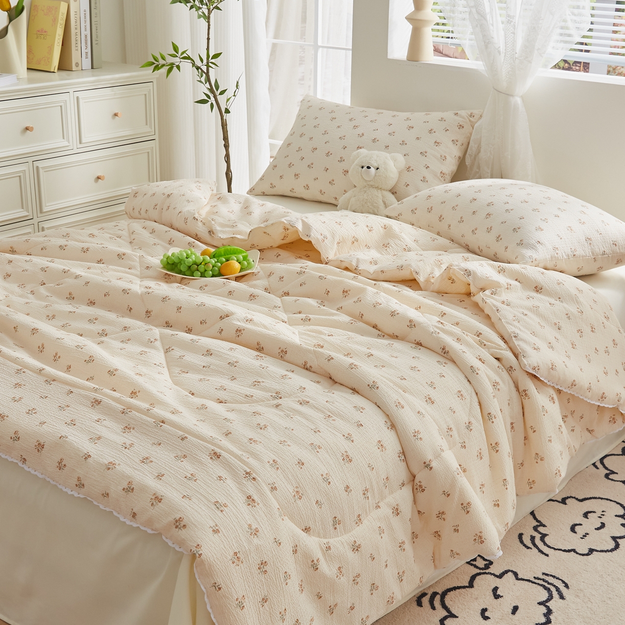 91家纺网 家纺一手货源 找家纺 帕芬鸟家纺 2026春夏新款双层皱皱纱水洗棉大豆夏被夏凉被空调被 花漾