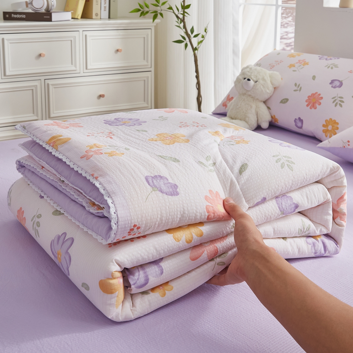 91家纺网 家纺一手货源 找家纺 帕芬鸟家纺 2026春夏新款双层皱皱纱水洗棉大豆夏被夏凉被空调被 花海