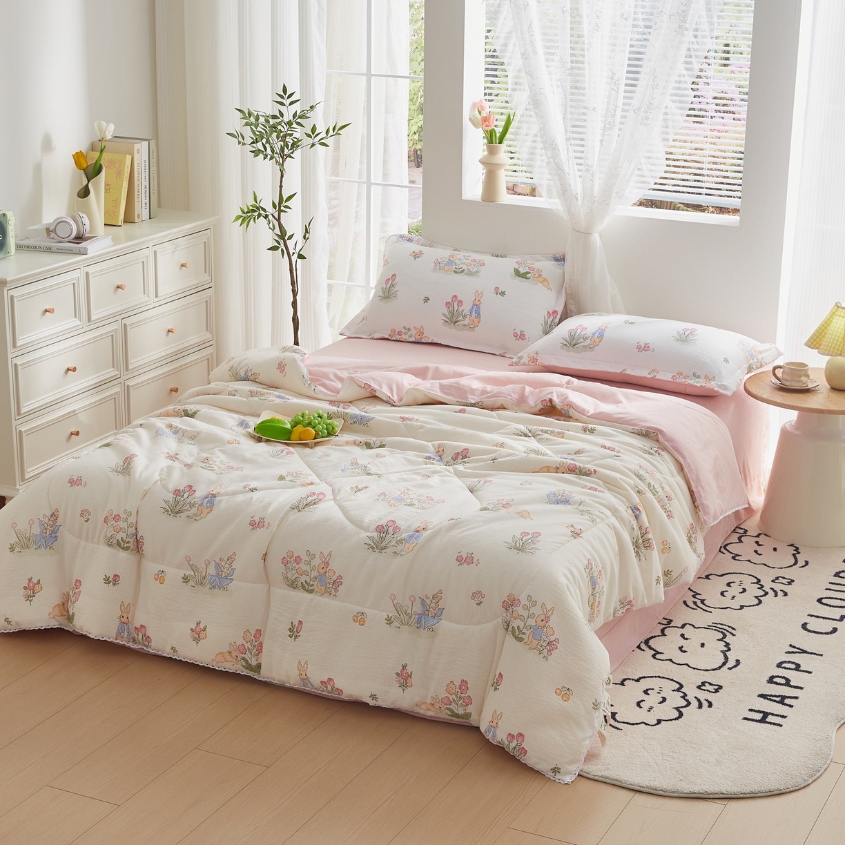 91家纺网 家纺一手货源 找家纺 帕芬鸟家纺 2026春夏新款双层皱皱纱水洗棉大豆夏被夏凉被空调被 森林兔