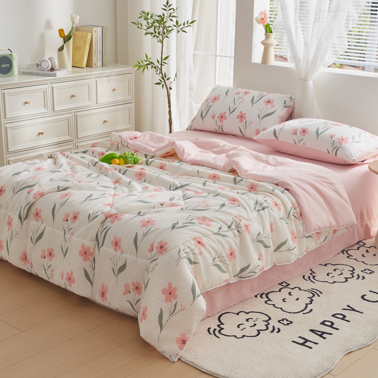 91家纺网 家纺一手货源 找家纺 帕芬鸟家纺 2026春夏新款双层皱皱纱水洗棉大豆夏被夏凉被空调被 小确幸