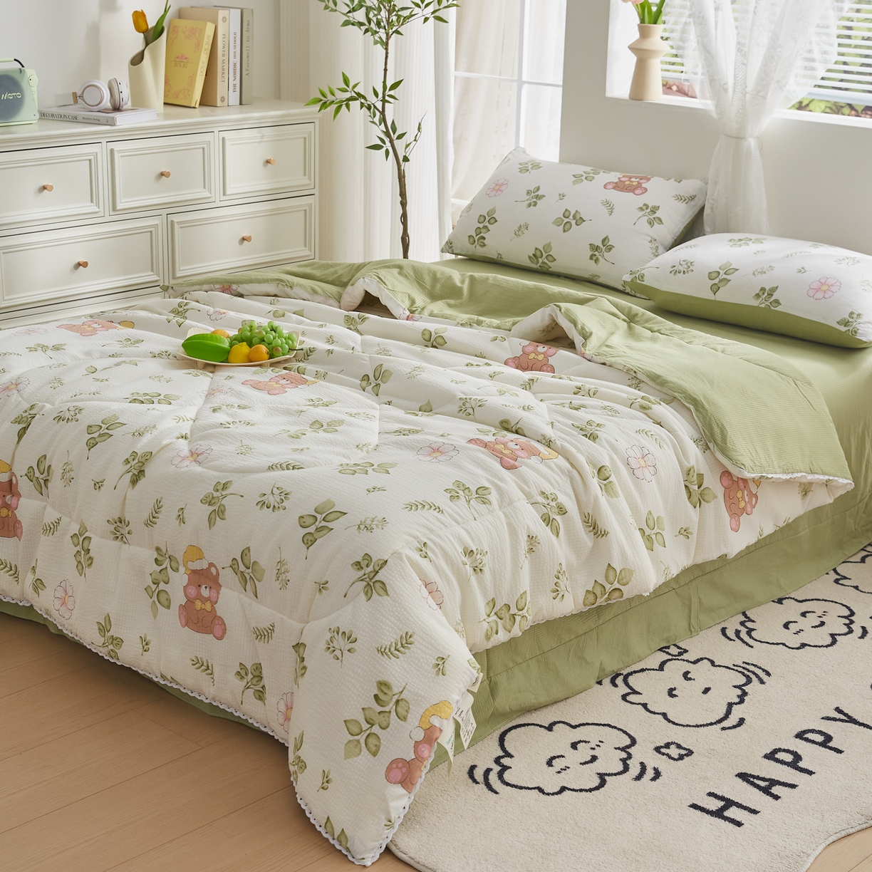 91家纺网 家纺一手货源 找家纺 帕芬鸟家纺 2026春夏新款双层皱皱纱水洗棉大豆夏被夏凉被空调被 晚安熊