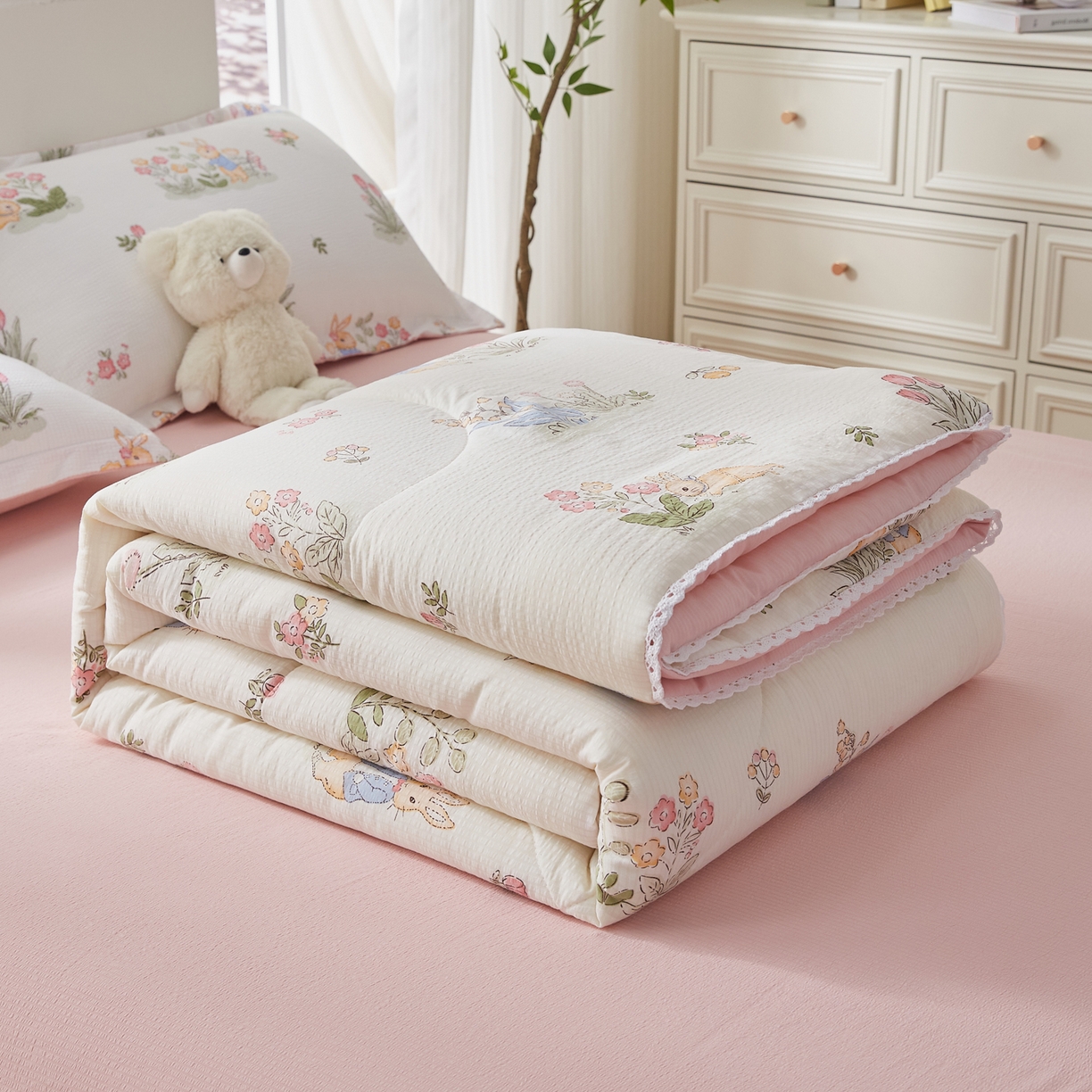 91家纺网 家纺一手货源 找家纺 帕芬鸟家纺 2026春夏新款双层皱皱纱水洗棉大豆夏被夏凉被空调被 森林兔