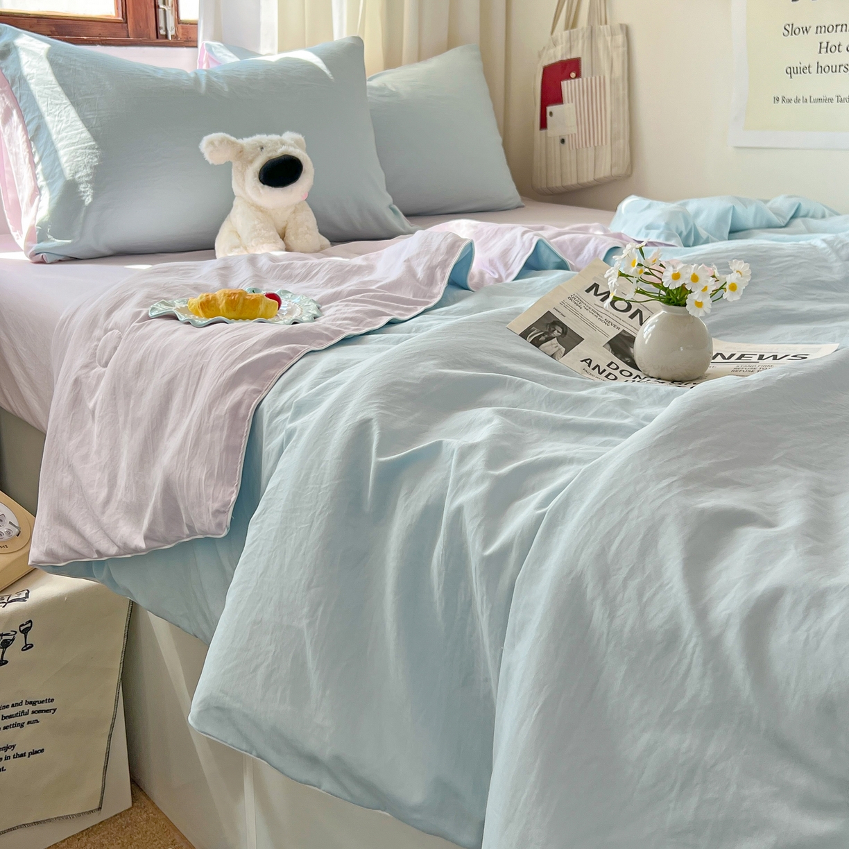 91家纺网 家纺一手货源 找家纺 （总）冕悠家纺 2026春夏新款A类高克重超级无敌柔软水洗棉拼色夏被空调被夏凉被四件套