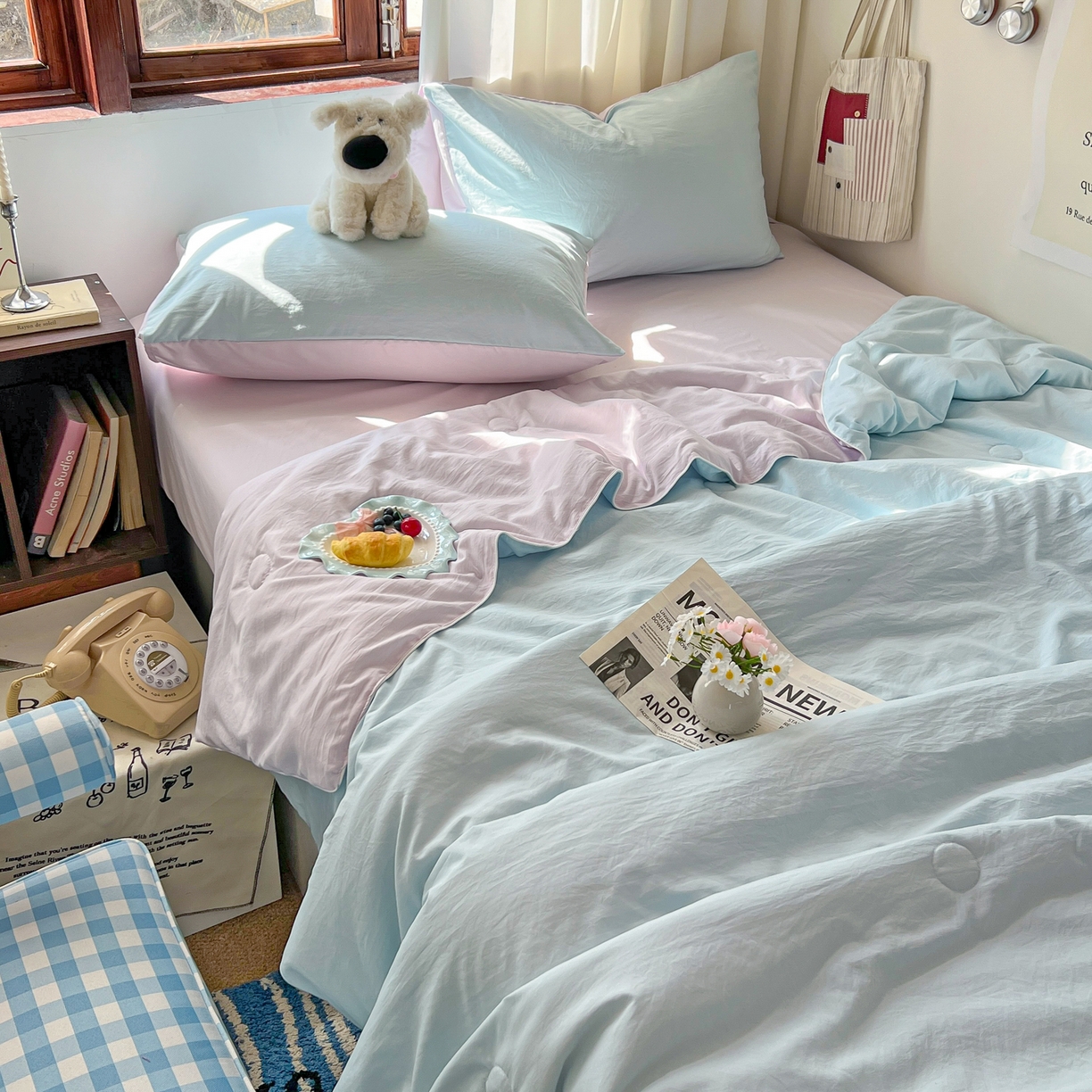 91家纺网 家纺一手货源 找家纺 （总）冕悠家纺 2026春夏新款A类高克重超级无敌柔软水洗棉拼色夏被空调被夏凉被四件套