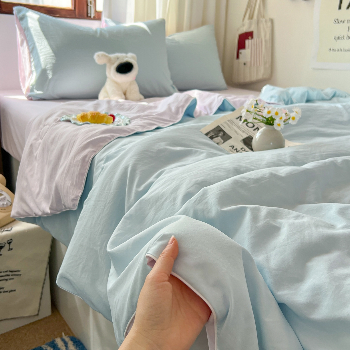 91家纺网 家纺一手货源 找家纺 （总）冕悠家纺 2026春夏新款A类高克重超级无敌柔软水洗棉拼色夏被空调被夏凉被四件套