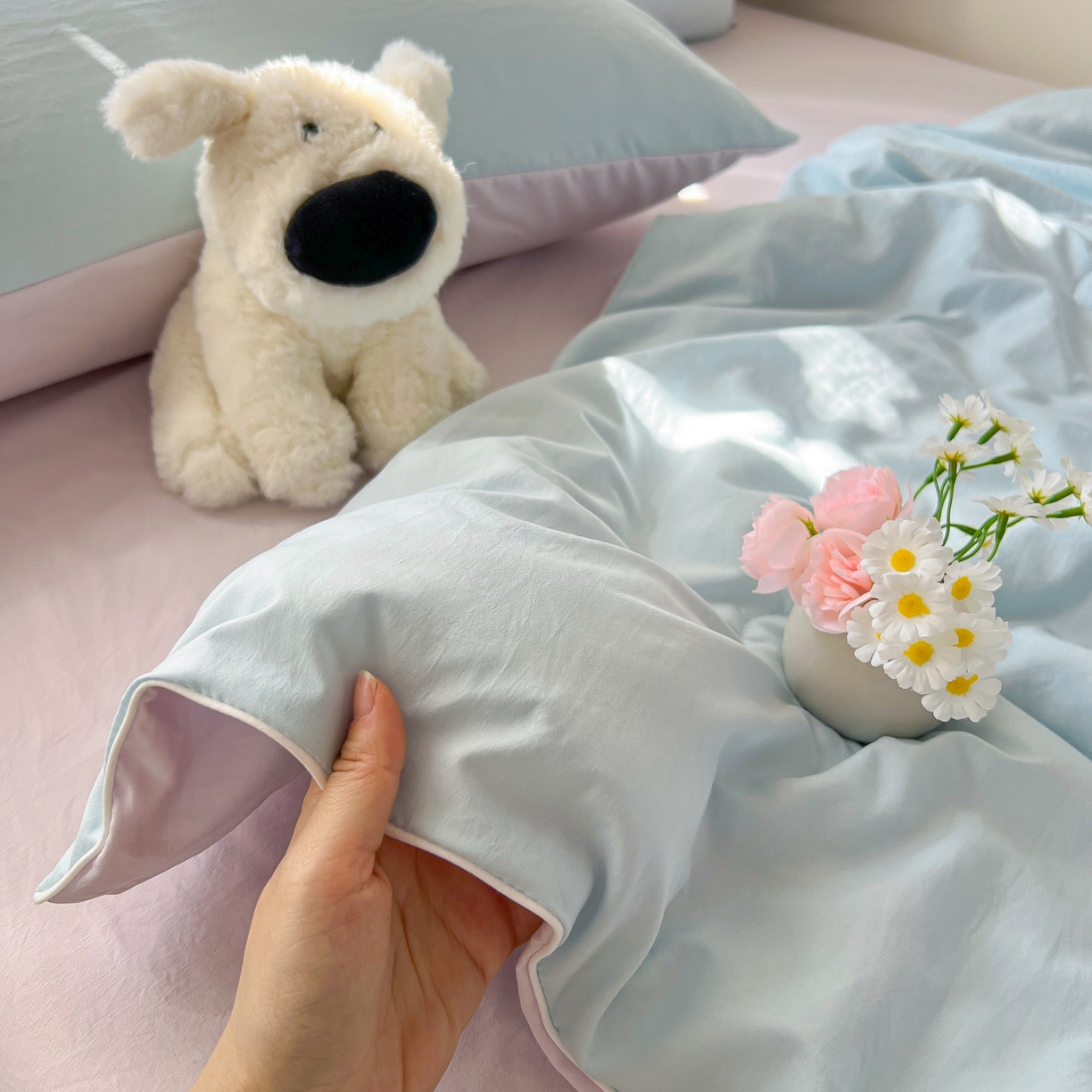 91家纺网 家纺一手货源 找家纺 冕悠家纺 2026春夏新款A类高克重超级无敌柔软水洗棉拼色夏被空调被夏凉被四件套 幕山紫+云水蓝-夏凉被