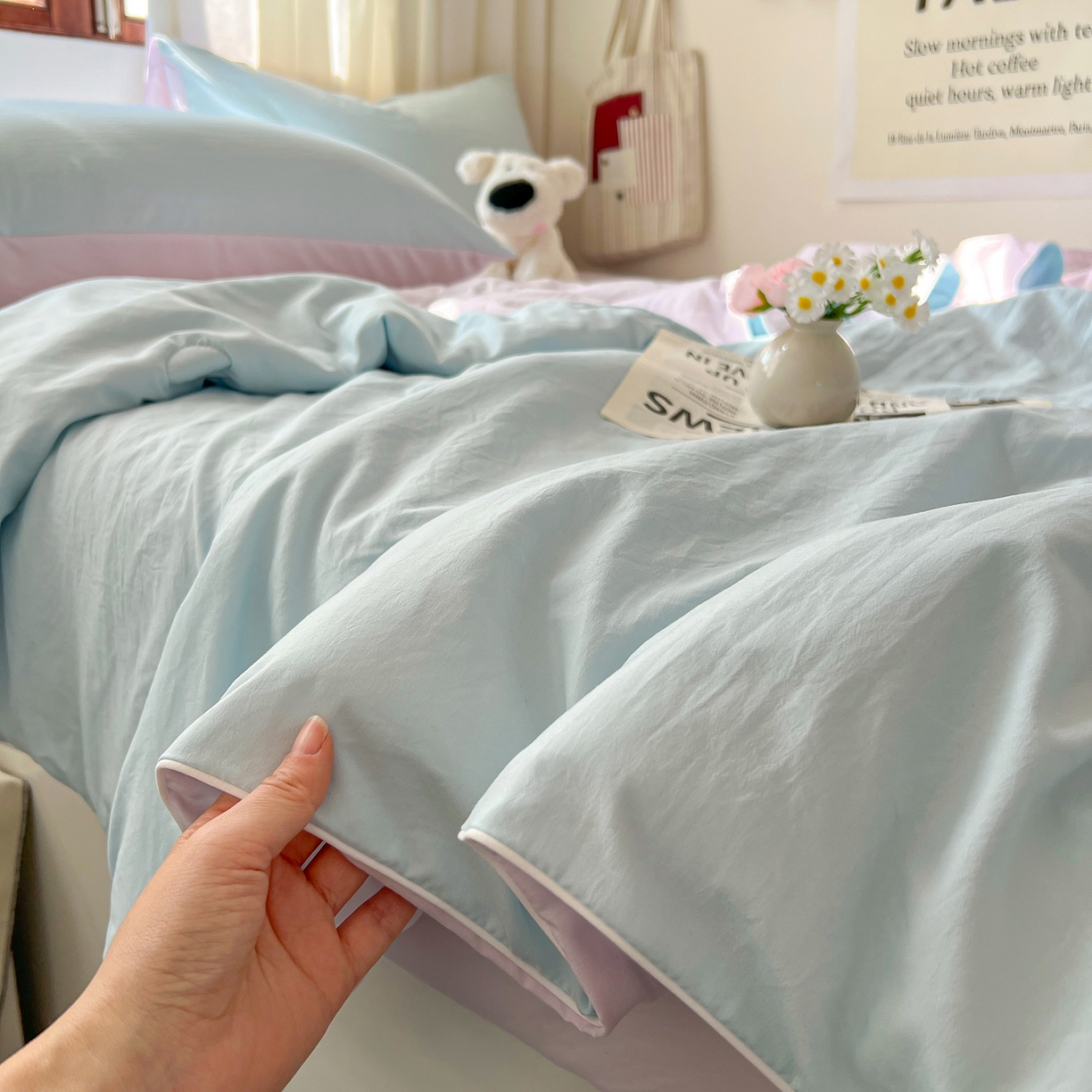 91家纺网 家纺一手货源 找家纺 冕悠家纺 2026春夏新款A类高克重超级无敌柔软水洗棉拼色夏被空调被夏凉被四件套 幕山紫+云水蓝-夏凉被