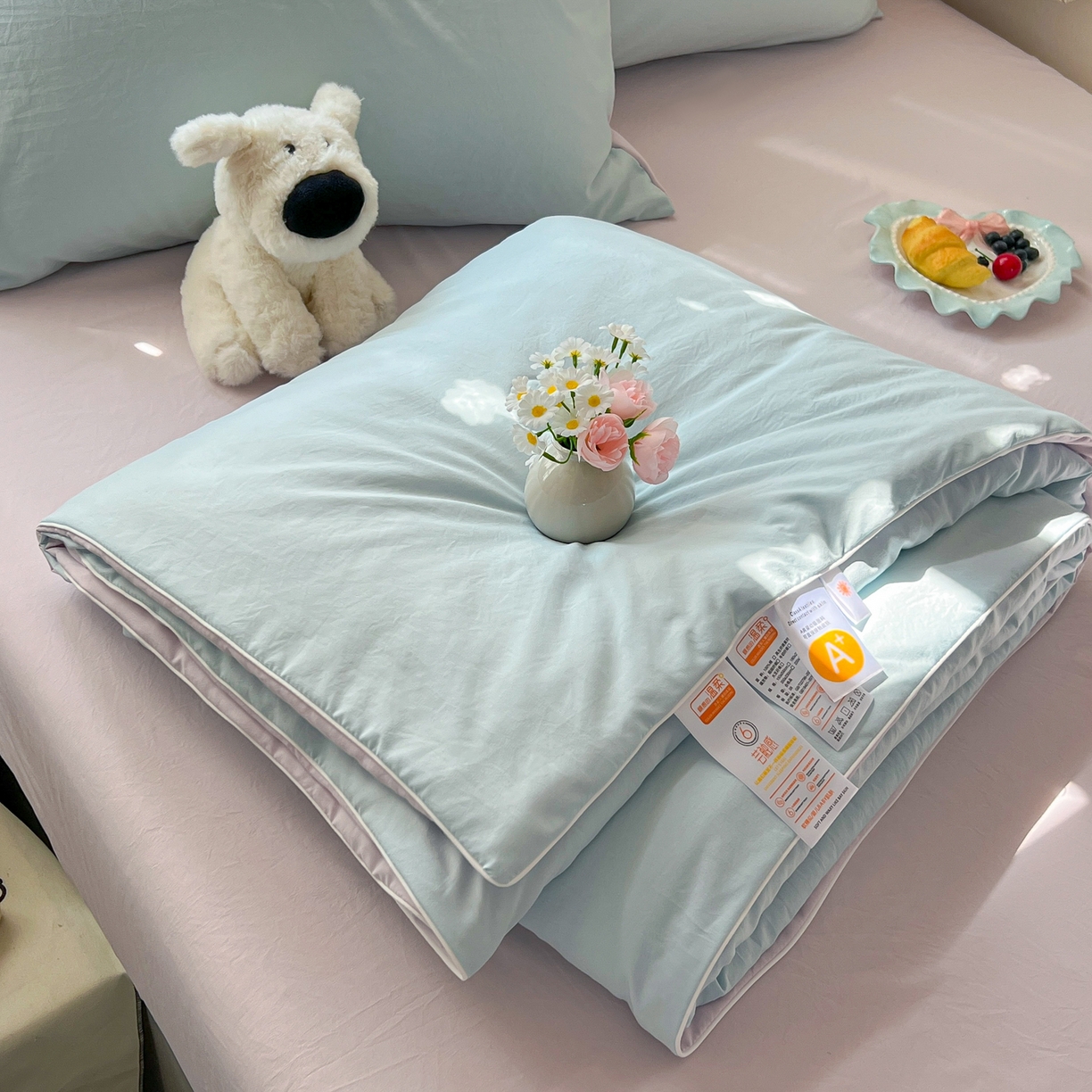 91家纺网 家纺一手货源 找家纺 冕悠家纺 2026春夏新款A类高克重超级无敌柔软水洗棉拼色夏被空调被夏凉被四件套 幕山紫+云水蓝-夏凉被