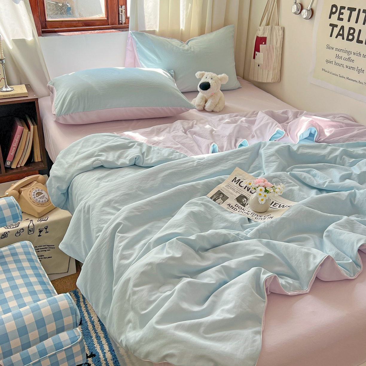 91家纺网 家纺一手货源 找家纺 冕悠家纺 2026春夏新款A类高克重超级无敌柔软水洗棉拼色夏被空调被夏凉被四件套 幕山紫+云水蓝-夏凉被