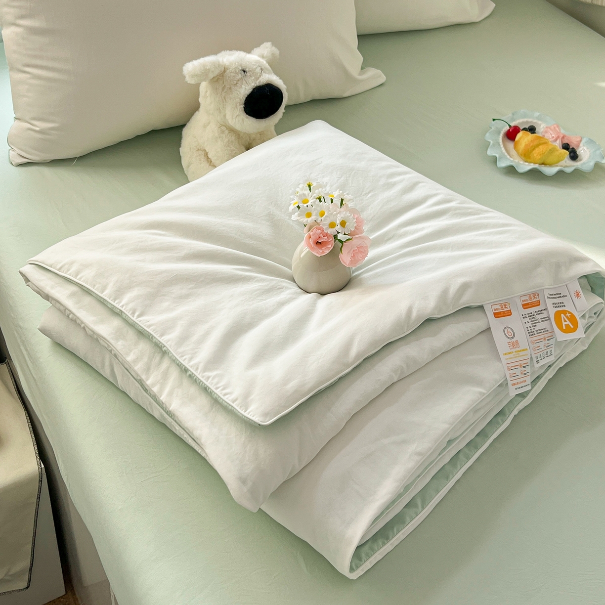 91家纺网 家纺一手货源 找家纺 冕悠家纺 2026春夏新款A类高克重超级无敌柔软水洗棉拼色夏被空调被夏凉被四件套 春芜绿+奶白-夏凉被