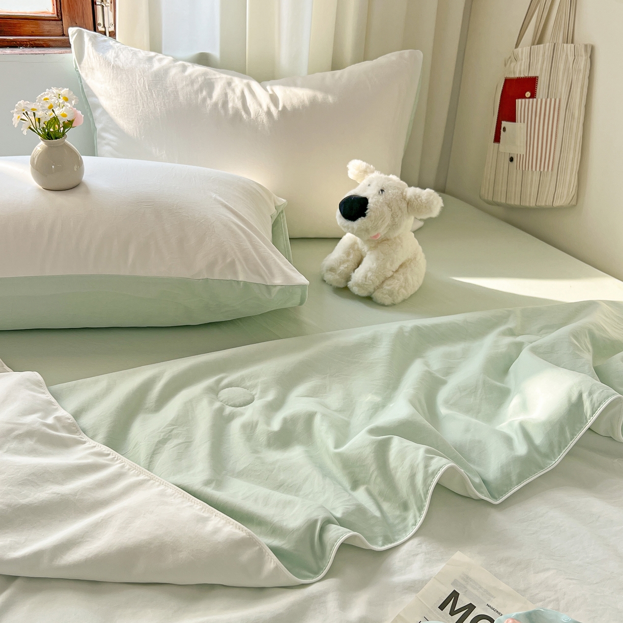 91家纺网 家纺一手货源 找家纺 冕悠家纺 2026春夏新款A类高克重超级无敌柔软水洗棉拼色夏被空调被夏凉被四件套 春芜绿+奶白-夏凉被