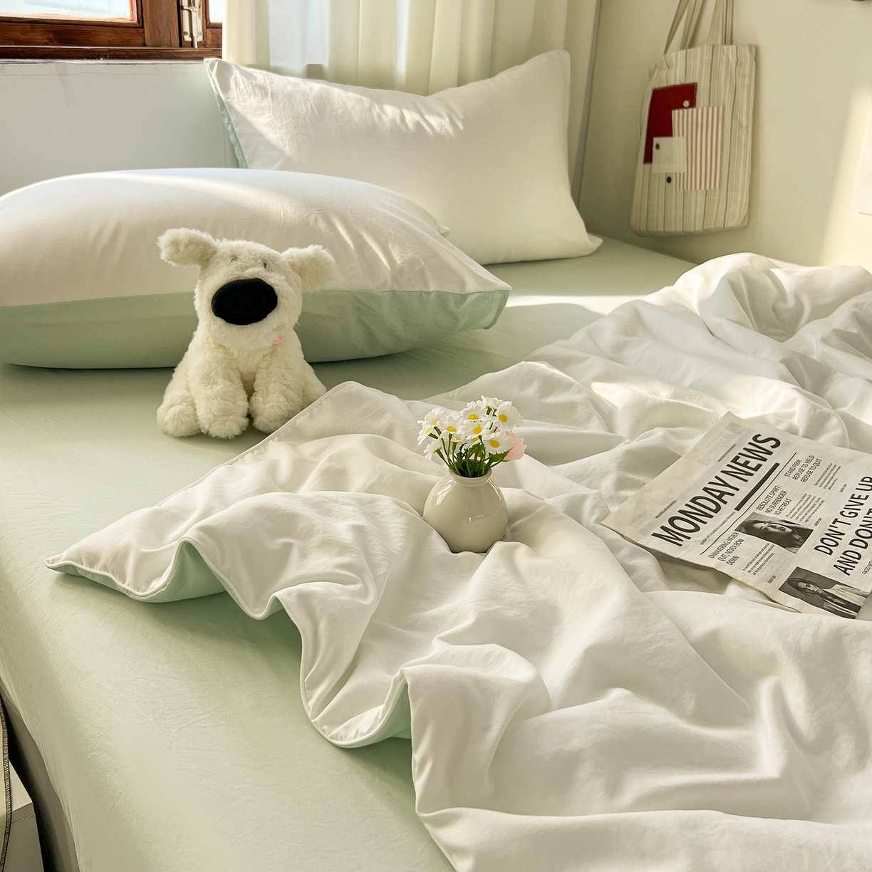 91家纺网 家纺一手货源 找家纺 冕悠家纺 2026春夏新款A类高克重超级无敌柔软水洗棉拼色夏被空调被夏凉被四件套 春芜绿+奶白-夏凉被