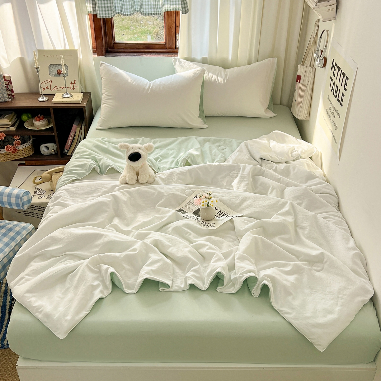 91家纺网 家纺一手货源 找家纺 冕悠家纺 2026春夏新款A类高克重超级无敌柔软水洗棉拼色夏被空调被夏凉被四件套 春芜绿+奶白-夏凉被