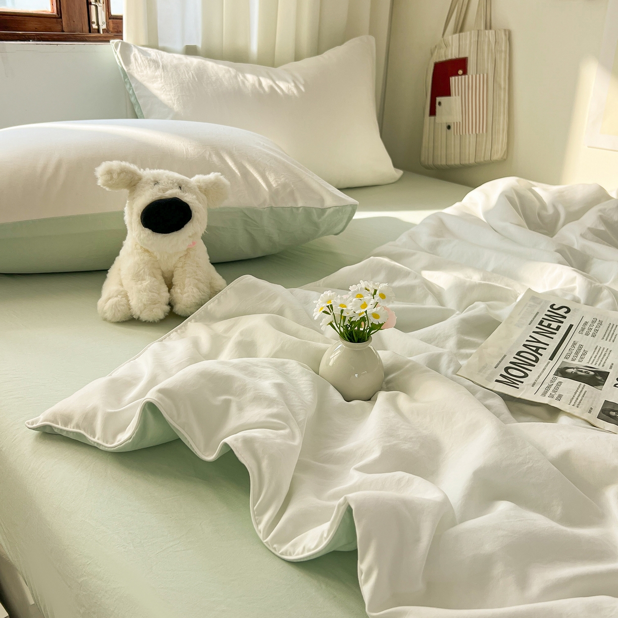 91家纺网 家纺一手货源 找家纺 冕悠家纺 2026春夏新款A类高克重超级无敌柔软水洗棉拼色夏被空调被夏凉被四件套 春芜绿+奶白-夏凉被