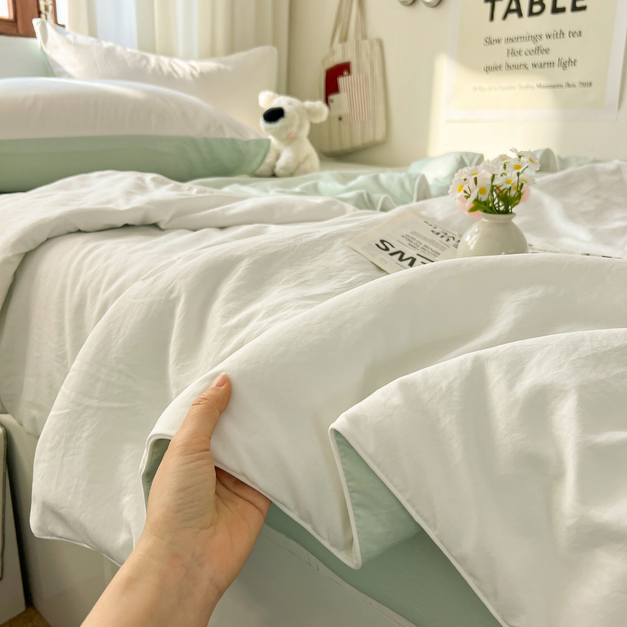 91家纺网 家纺一手货源 找家纺 冕悠家纺 2026春夏新款A类高克重超级无敌柔软水洗棉拼色夏被空调被夏凉被四件套 春芜绿+奶白-夏凉被