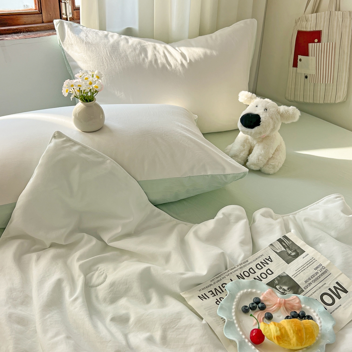 91家纺网 家纺一手货源 找家纺 冕悠家纺 2026春夏新款A类高克重超级无敌柔软水洗棉拼色夏被空调被夏凉被四件套 春芜绿+奶白-夏凉被