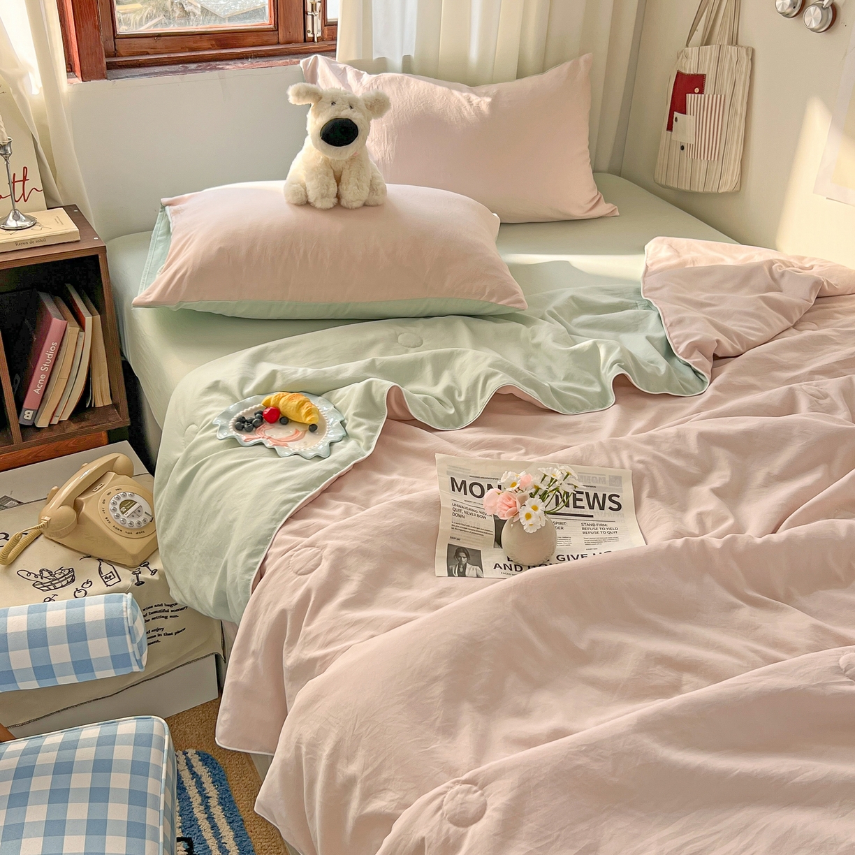 91家纺网 家纺一手货源 找家纺 冕悠家纺 2026春夏新款A类高克重超级无敌柔软水洗棉拼色夏被空调被夏凉被四件套 春芜绿+藕粉-夏凉被