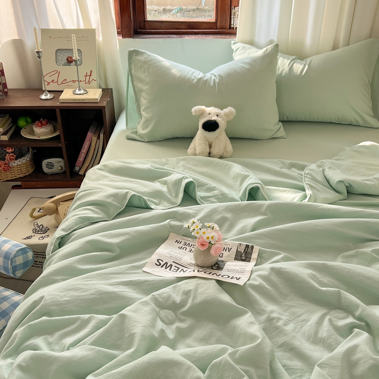 91家纺网 家纺一手货源 找家纺 冕悠家纺 2026春夏新款A类高克重超级无敌柔软水洗棉拼色夏被空调被夏凉被四件套 春芜绿-夏凉被