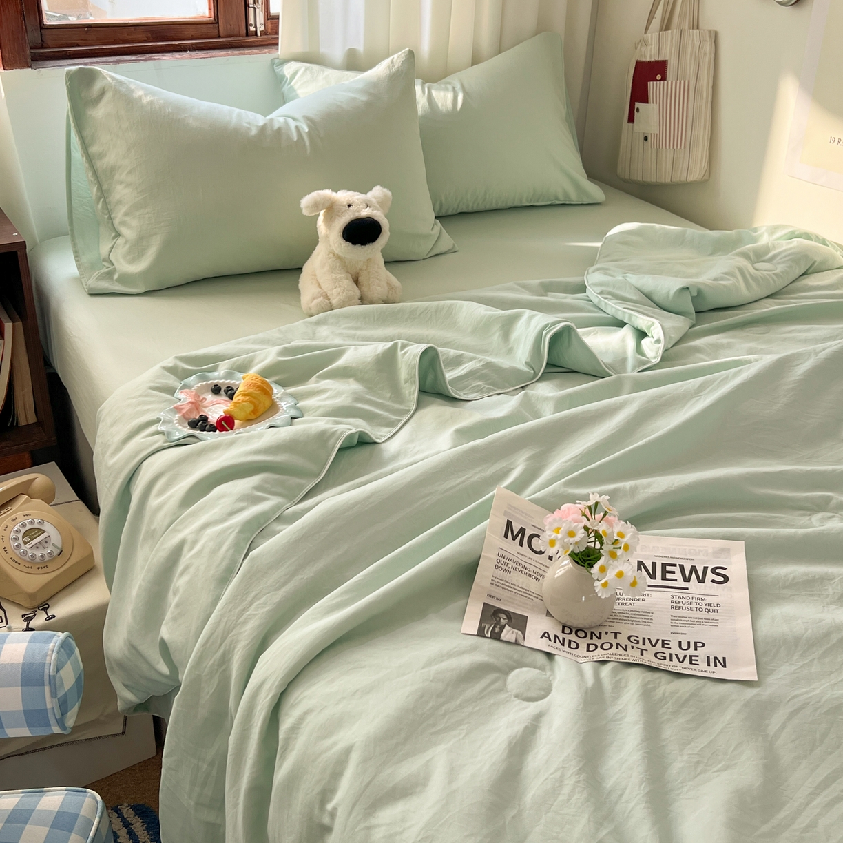 91家纺网 家纺一手货源 找家纺 冕悠家纺 2026春夏新款A类高克重超级无敌柔软水洗棉拼色夏被空调被夏凉被四件套 春芜绿-夏凉被