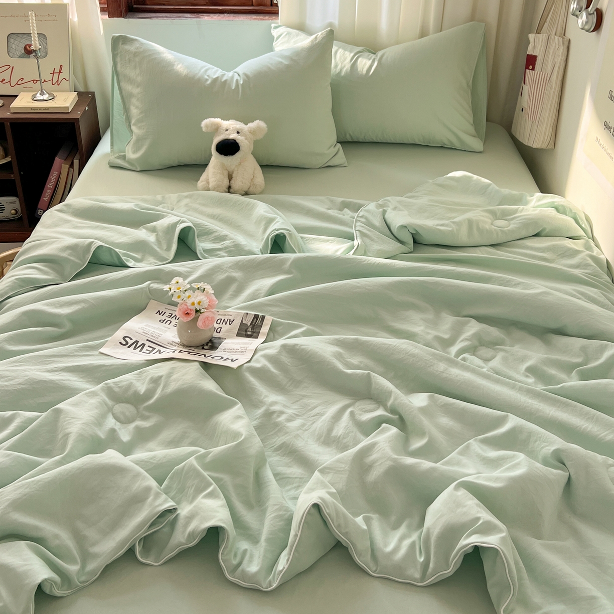 91家纺网 家纺一手货源 找家纺 冕悠家纺 2026春夏新款A类高克重超级无敌柔软水洗棉拼色夏被空调被夏凉被四件套 春芜绿-夏凉被