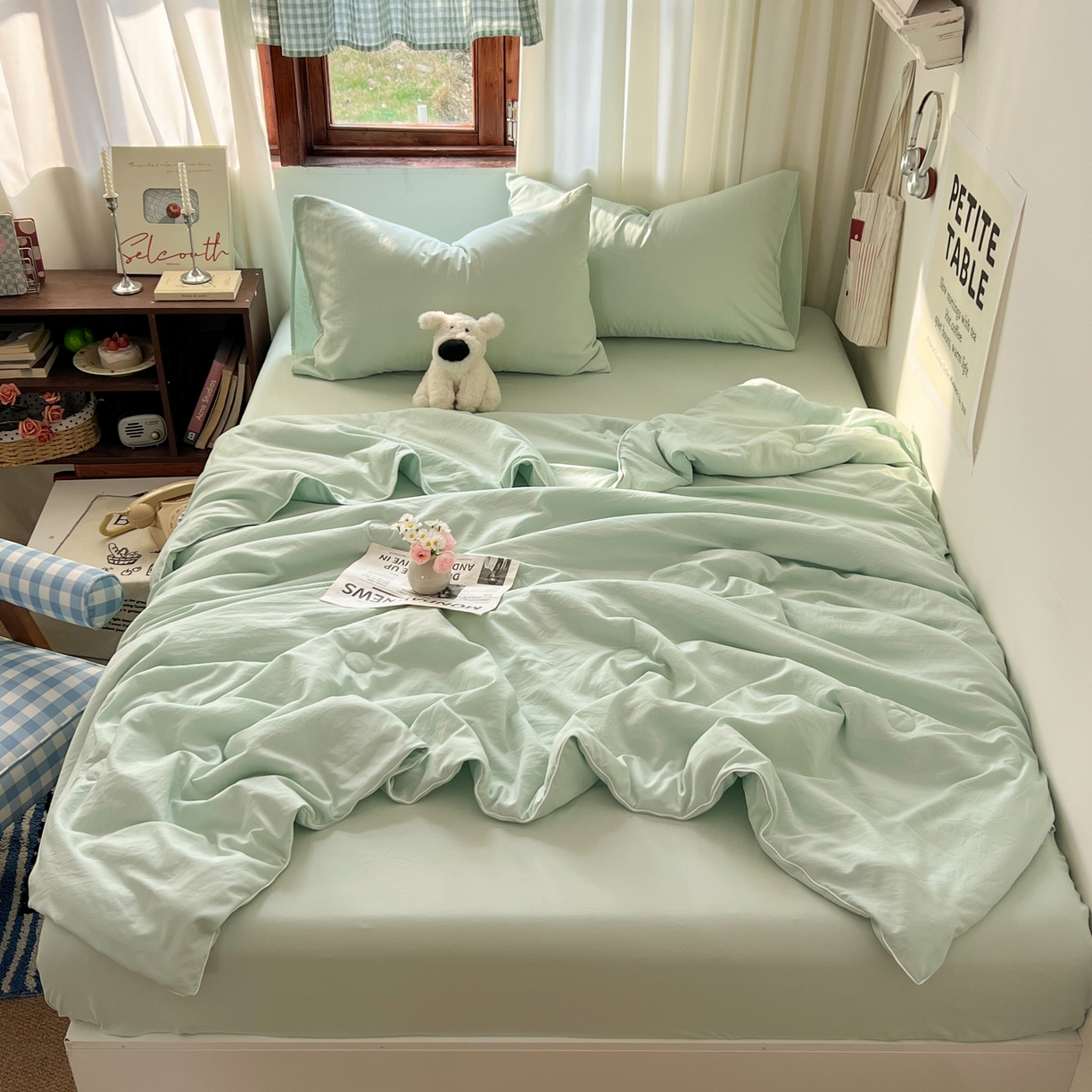 91家纺网 家纺一手货源 找家纺 冕悠家纺 2026春夏新款A类高克重超级无敌柔软水洗棉拼色夏被空调被夏凉被四件套 春芜绿-夏凉被