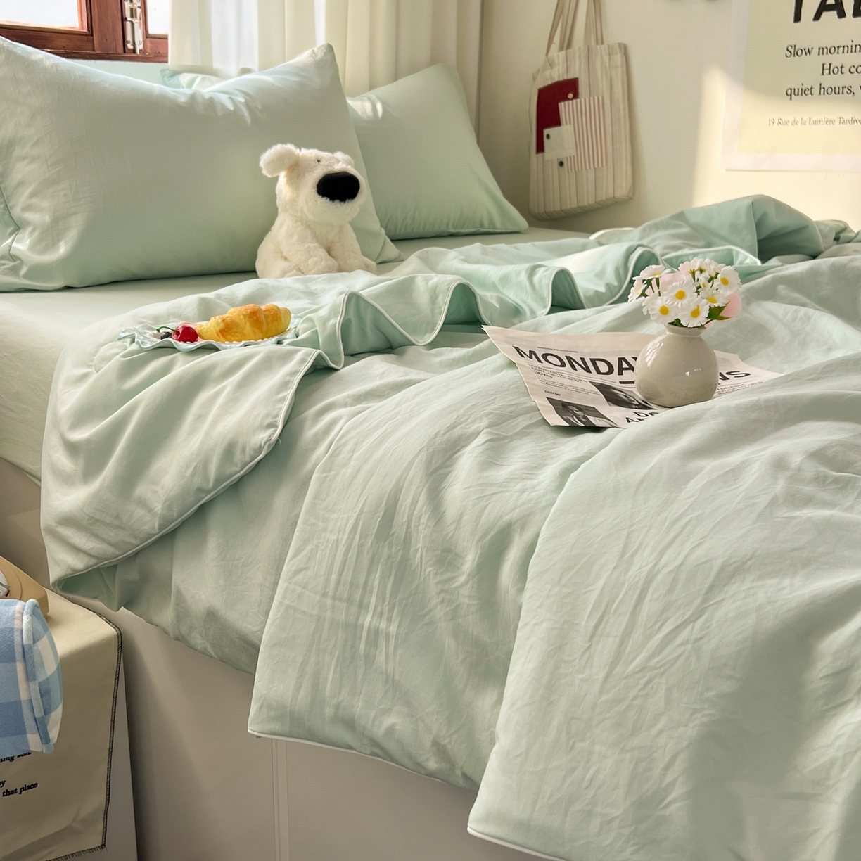 91家纺网 家纺一手货源 找家纺 冕悠家纺 2026春夏新款A类高克重超级无敌柔软水洗棉拼色夏被空调被夏凉被四件套 春芜绿-夏凉被