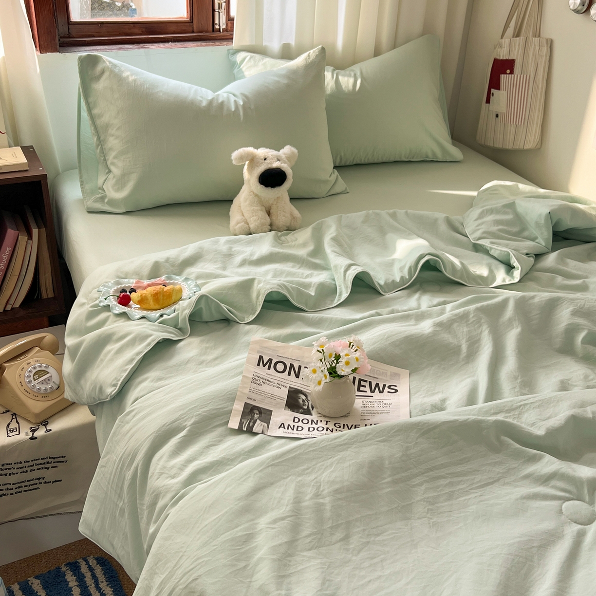 91家纺网 家纺一手货源 找家纺 冕悠家纺 2026春夏新款A类高克重超级无敌柔软水洗棉拼色夏被空调被夏凉被四件套 春芜绿-夏凉被