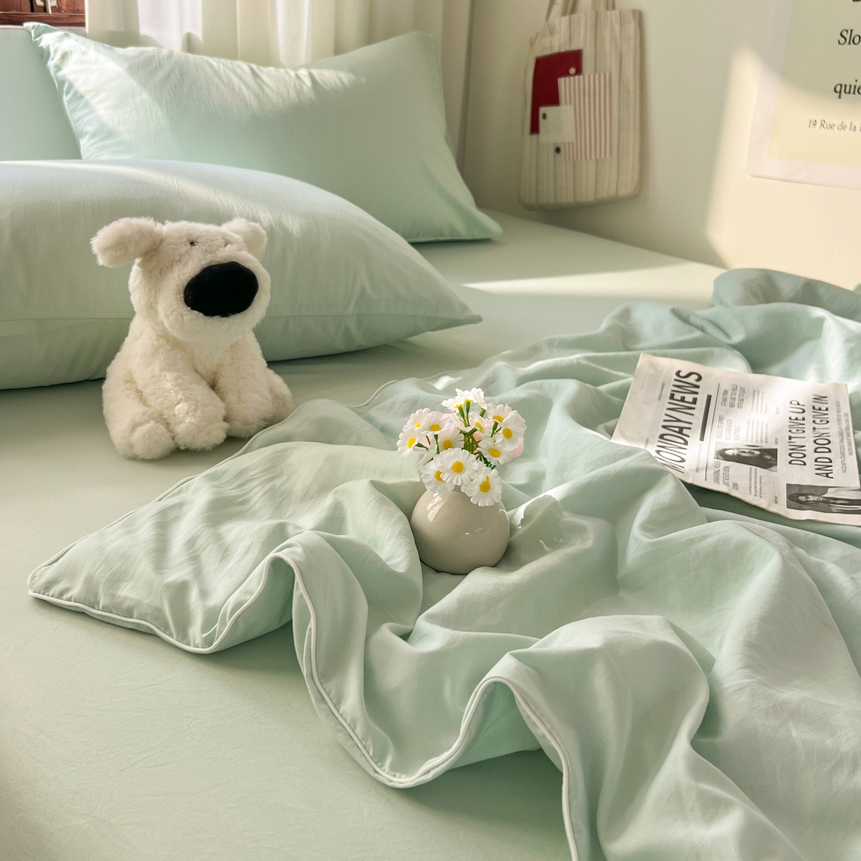 91家纺网 家纺一手货源 找家纺 冕悠家纺 2026春夏新款A类高克重超级无敌柔软水洗棉拼色夏被空调被夏凉被四件套 春芜绿-夏凉被