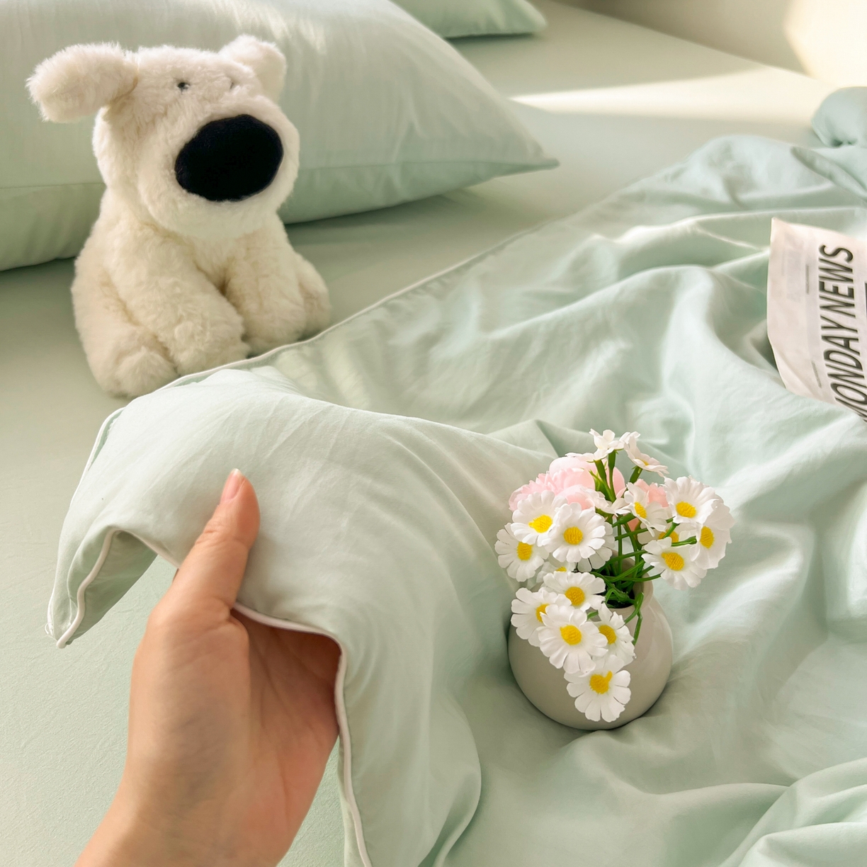 91家纺网 家纺一手货源 找家纺 冕悠家纺 2026春夏新款A类高克重超级无敌柔软水洗棉拼色夏被空调被夏凉被四件套 春芜绿-夏凉被