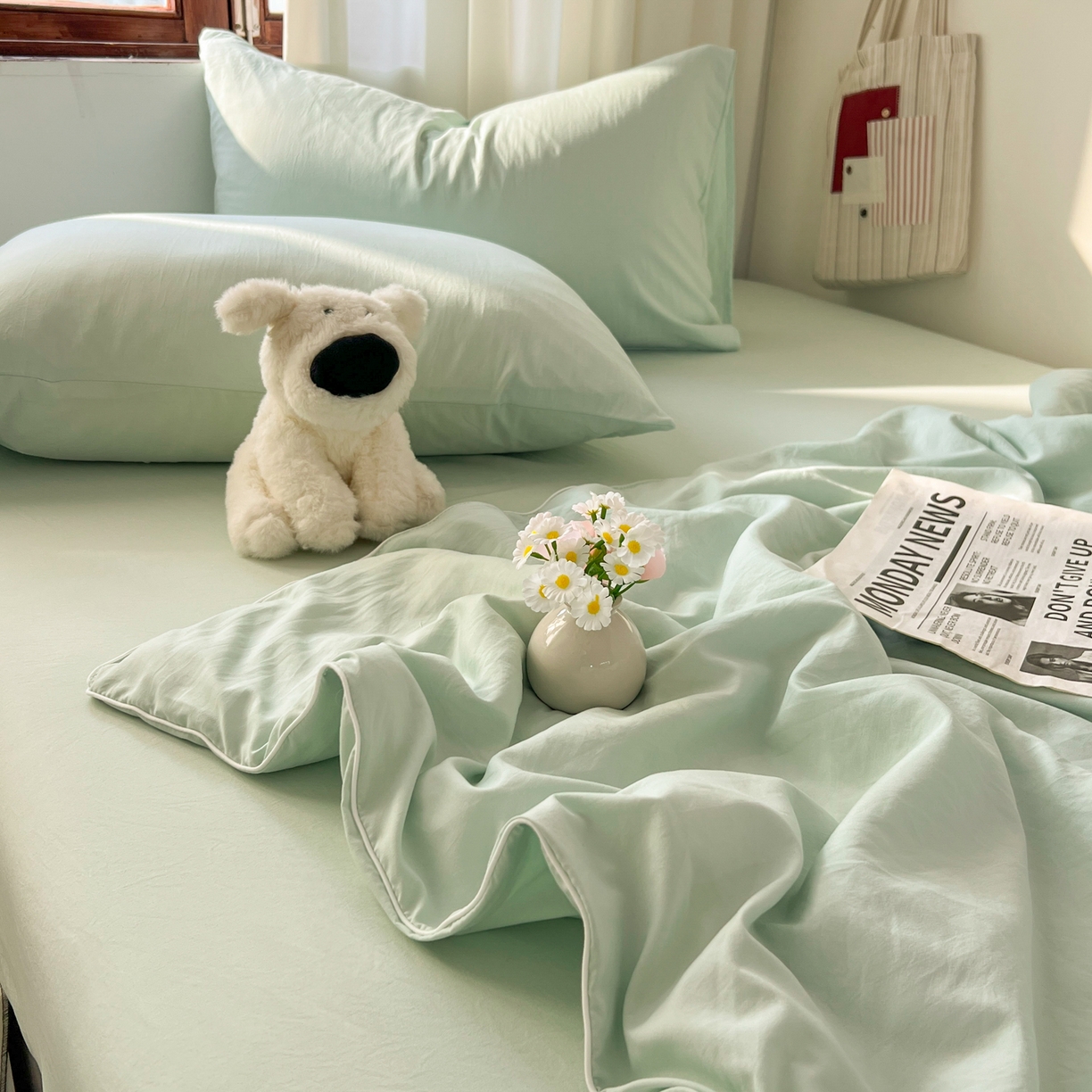 91家纺网 家纺一手货源 找家纺 冕悠家纺 2026春夏新款A类高克重超级无敌柔软水洗棉拼色夏被空调被夏凉被四件套 春芜绿-夏凉被