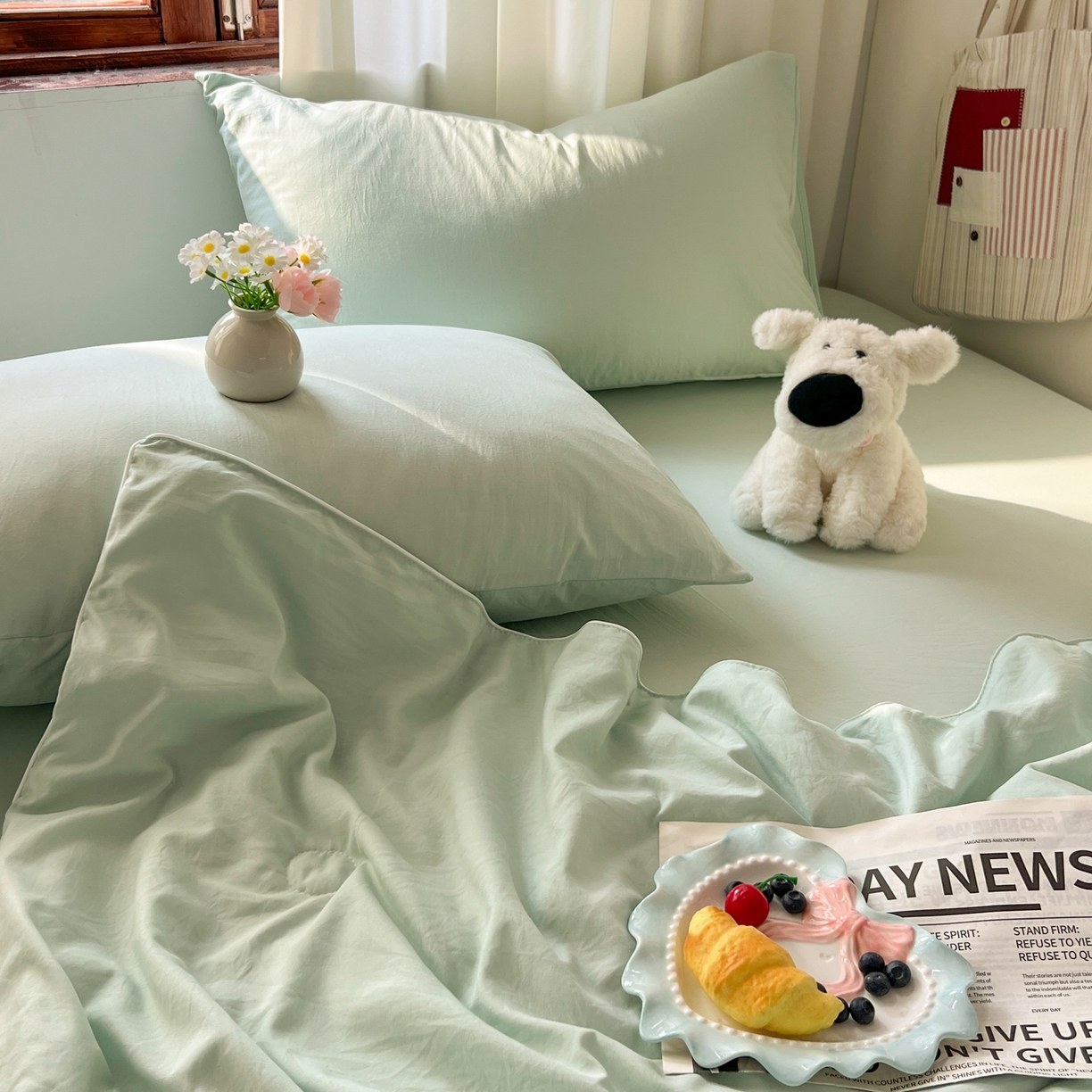 91家纺网 家纺一手货源 找家纺 冕悠家纺 2026春夏新款A类高克重超级无敌柔软水洗棉拼色夏被空调被夏凉被四件套 春芜绿-夏凉被