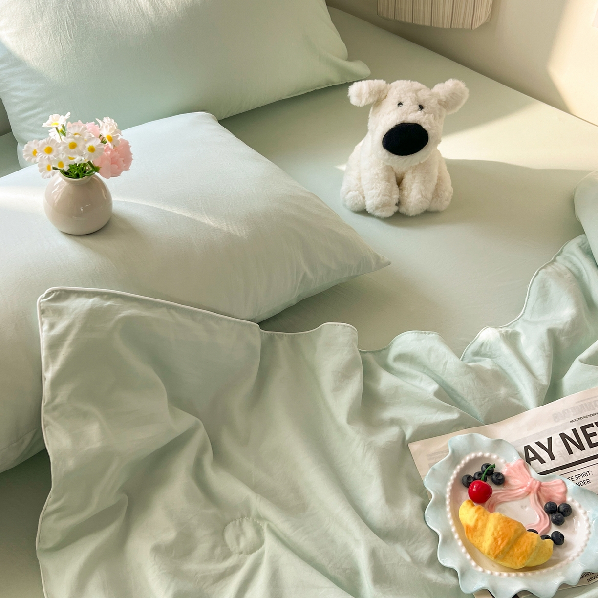 91家纺网 家纺一手货源 找家纺 冕悠家纺 2026春夏新款A类高克重超级无敌柔软水洗棉拼色夏被空调被夏凉被四件套 春芜绿-夏凉被