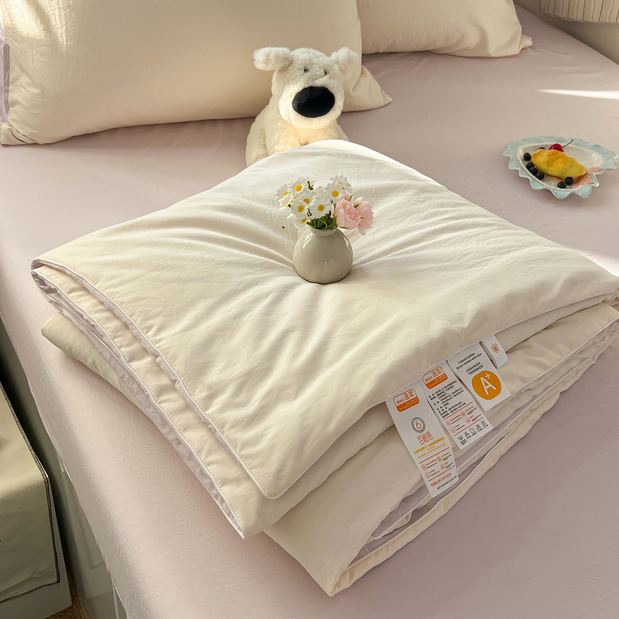 91家纺网 家纺一手货源 找家纺 冕悠家纺 2026春夏新款A类高克重超级无敌柔软水洗棉拼色夏被空调被夏凉被四件套 幕山紫+芝士粉-夏凉被