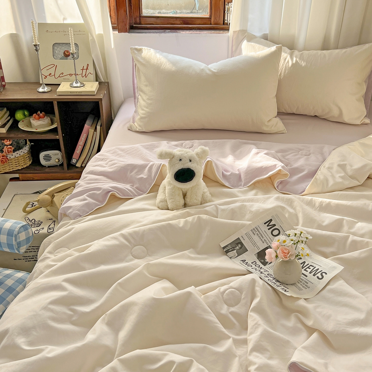 91家纺网 家纺一手货源 找家纺 冕悠家纺 2026春夏新款A类高克重超级无敌柔软水洗棉拼色夏被空调被夏凉被四件套 幕山紫+芝士粉-夏凉被