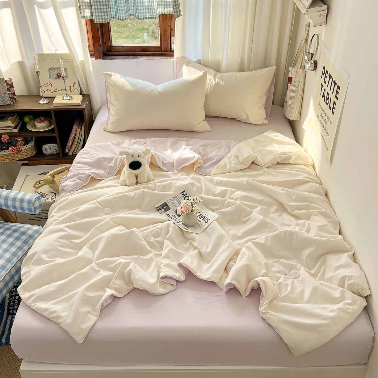 91家纺网 家纺一手货源 找家纺 冕悠家纺 2026春夏新款A类高克重超级无敌柔软水洗棉拼色夏被空调被夏凉被四件套 幕山紫+芝士粉-夏凉被