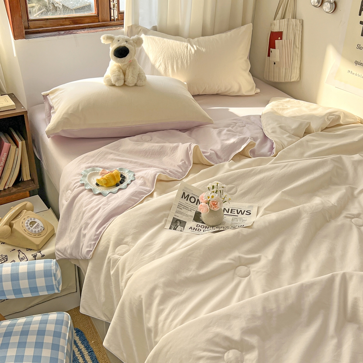 91家纺网 家纺一手货源 找家纺 冕悠家纺 2026春夏新款A类高克重超级无敌柔软水洗棉拼色夏被空调被夏凉被四件套 幕山紫+芝士粉-夏凉被