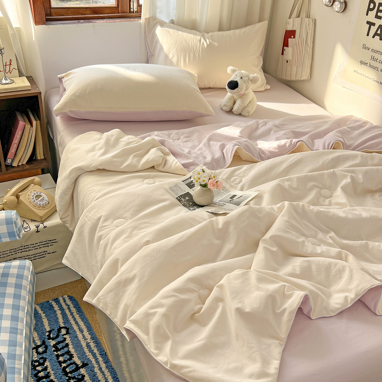 91家纺网 家纺一手货源 找家纺 冕悠家纺 2026春夏新款A类高克重超级无敌柔软水洗棉拼色夏被空调被夏凉被四件套 幕山紫+芝士粉-夏凉被